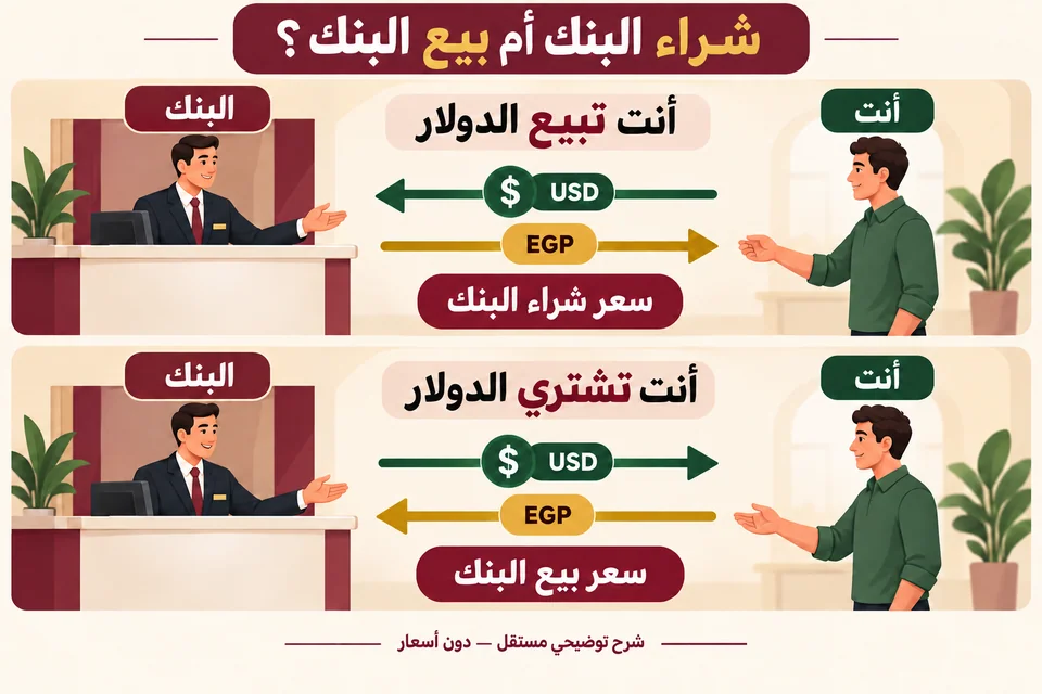أنت تبيع الدولار: يتجه الدولار منك إلى البنك والجنيه إليك، فتستخدم سعر شراء البنك. أنت تشتري الدولار: يتجه الدولار إليك والجنيه إلى البنك، فتستخدم سعر بيع البنك.