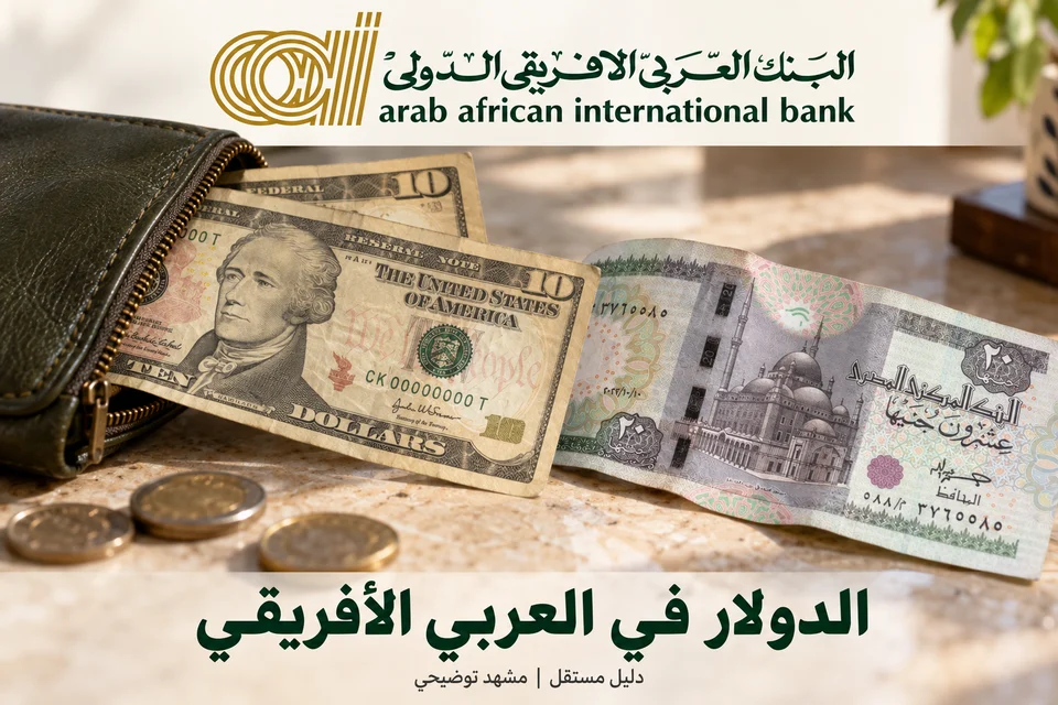 مشهد توضيحي للدولار والجنيه المصري مع شعار العربي الأفريقي الدولي
