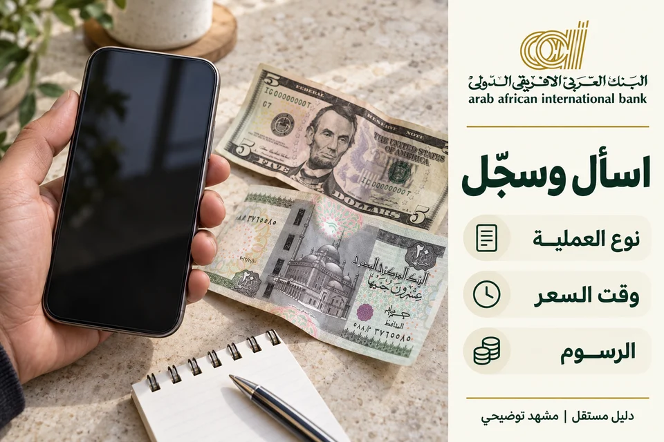 رسم توضيحي لدليل العربي الأفريقي الدولي: ربط الاستعلام بالمصدر، ثم تسجيل نوع العملية ووقت السعر والرسوم.