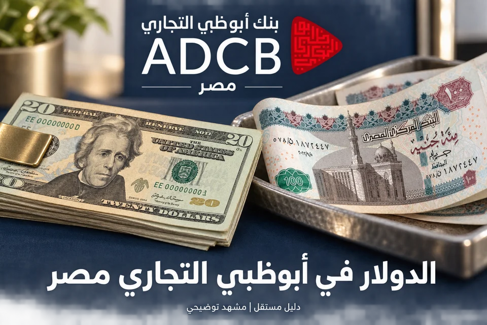 مشهد توضيحي للدولار والجنيه المصري مع شعار أبوظبي التجاري مصر