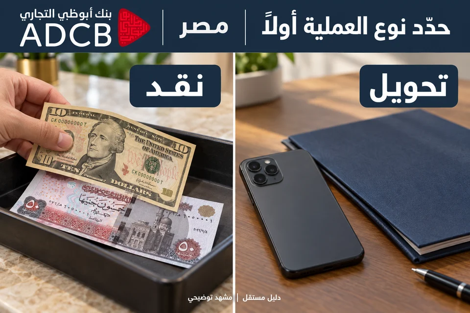 رسم توضيحي لدليل أبوظبي التجاري مصر: تمييز سوق مصر عن الإمارات، والنقد عن التحويل، قبل قراءة خانة السعر.