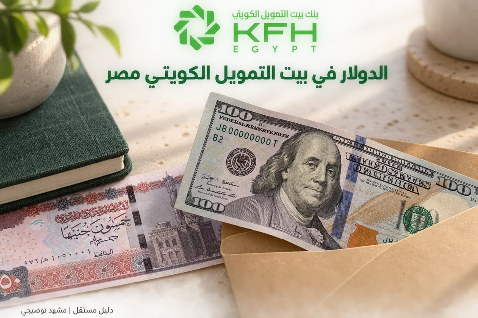 مشهد توضيحي للدولار والجنيه المصري مع شعار بيت التمويل الكويتي مصر
