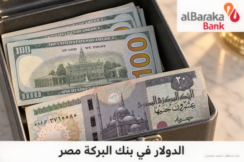 مشهد نقد بالدولار والجنيه المصري مع شعار بنك البركة مصر