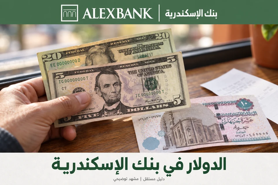 مشهد نقد بالدولار والجنيه المصري مع شعار بنك الإسكندرية