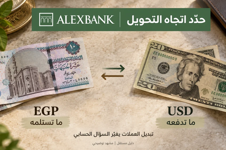 شرح بصري لدليل بنك الإسكندرية: تحديد العملة المدفوعة والعملة المطلوبة؛ تبديل الاتجاه يغيّر السؤال الحسابي.