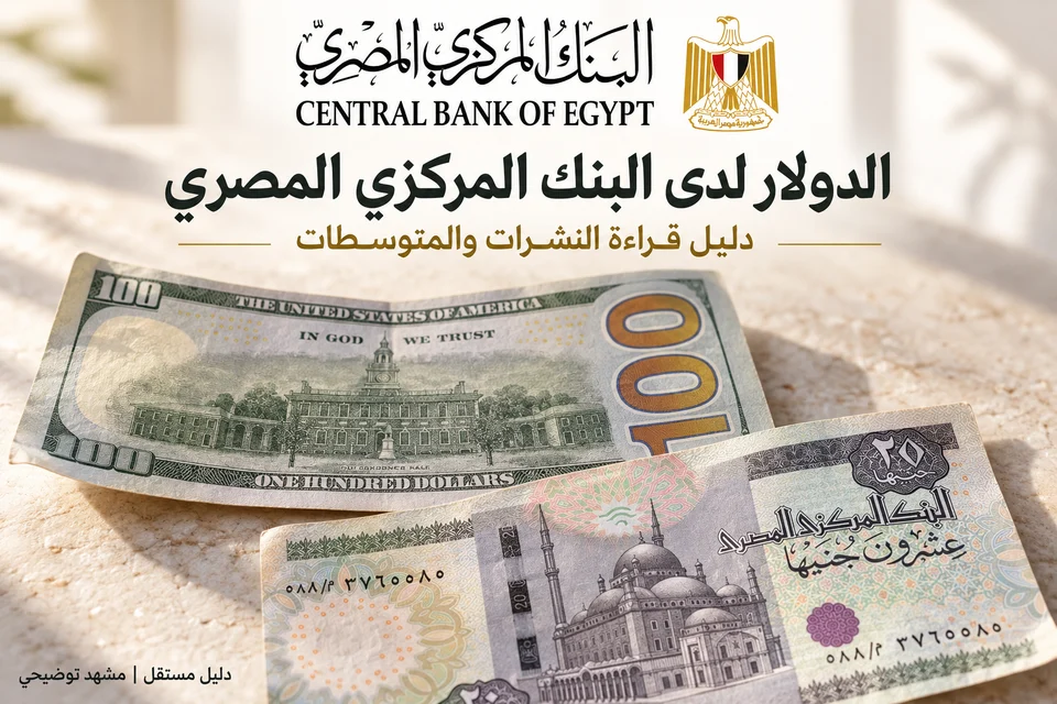 مشهد توضيحي للدولار والجنيه المصري مع هوية البنك المركزي المصري
