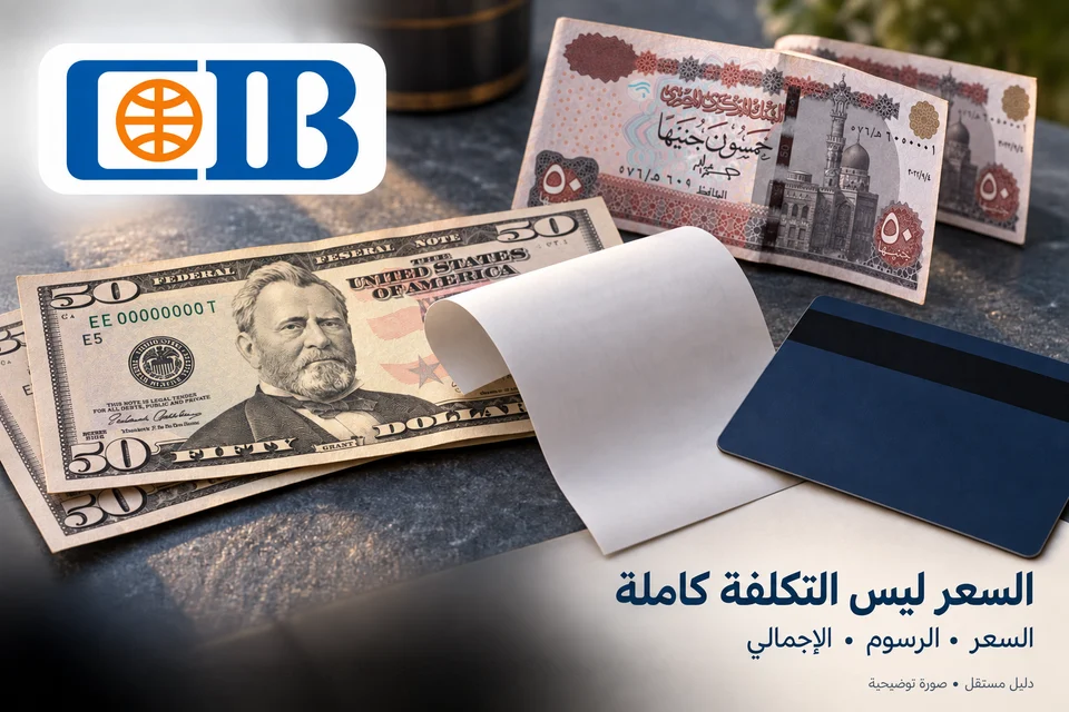 نقد وإيصال مطوي وبطاقة بلا بيانات مع شعار CIB لتوضيح مراجعة التكلفة الإجمالية