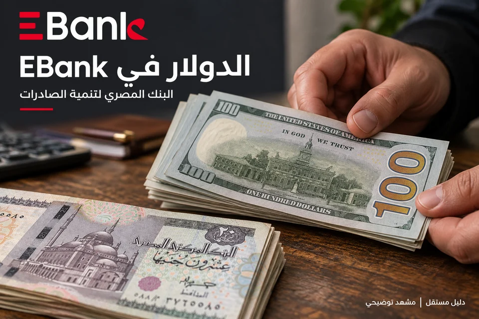 مشهد توضيحي بالدولار والجنيه المصري مع هوية البنك المصري لتنمية الصادرات — EBank