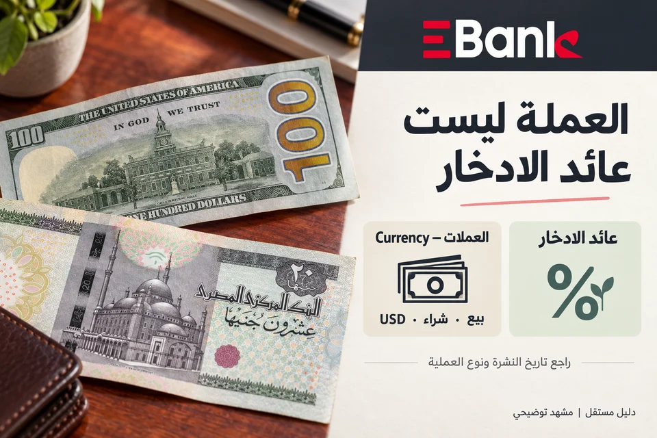 شرح بصري لدليل البنك المصري لتنمية الصادرات — EBank: التمييز بين قسم العملات وعائد الادخار؛ ثم قراءة تاريخ المصدر ونوع العملية.