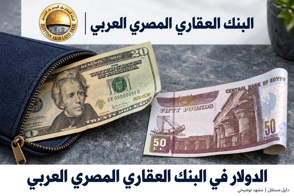 مشهد توضيحي للدولار والجنيه المصري مع هوية البنك العقاري المصري العربي