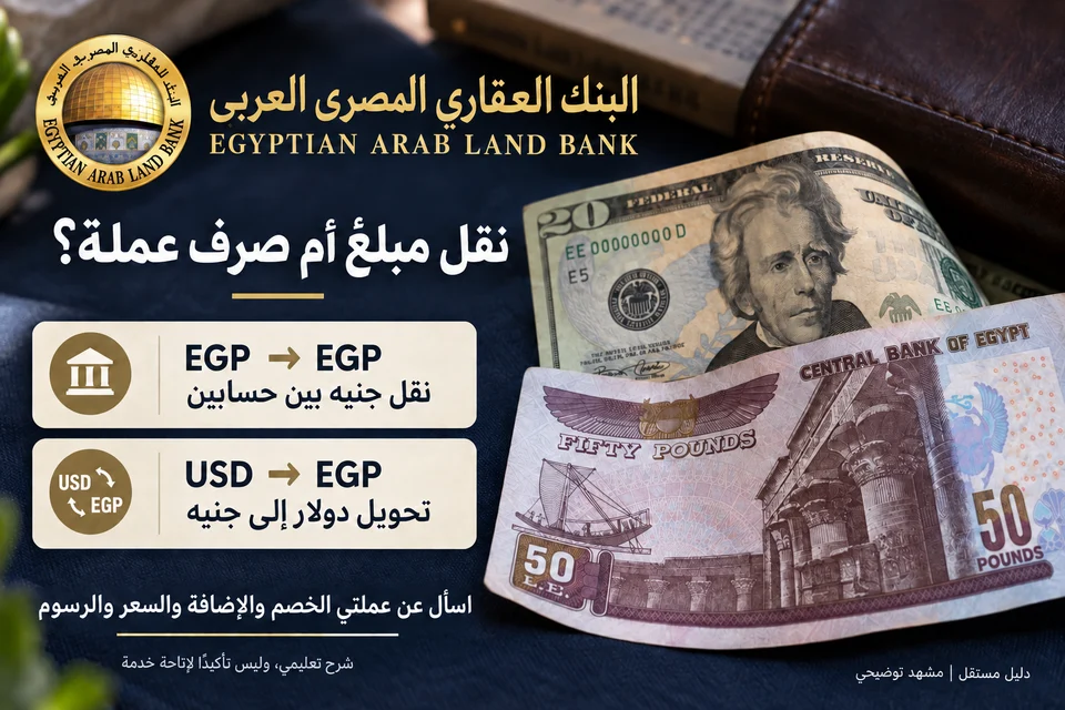 شرح بصري لدليل البنك العقاري المصري العربي: نقل مبلغ بالجنيه بين حسابين يختلف عن تحويل دولار إلى جنيه؛ اسأل عن عملتي الخصم والإضافة.
