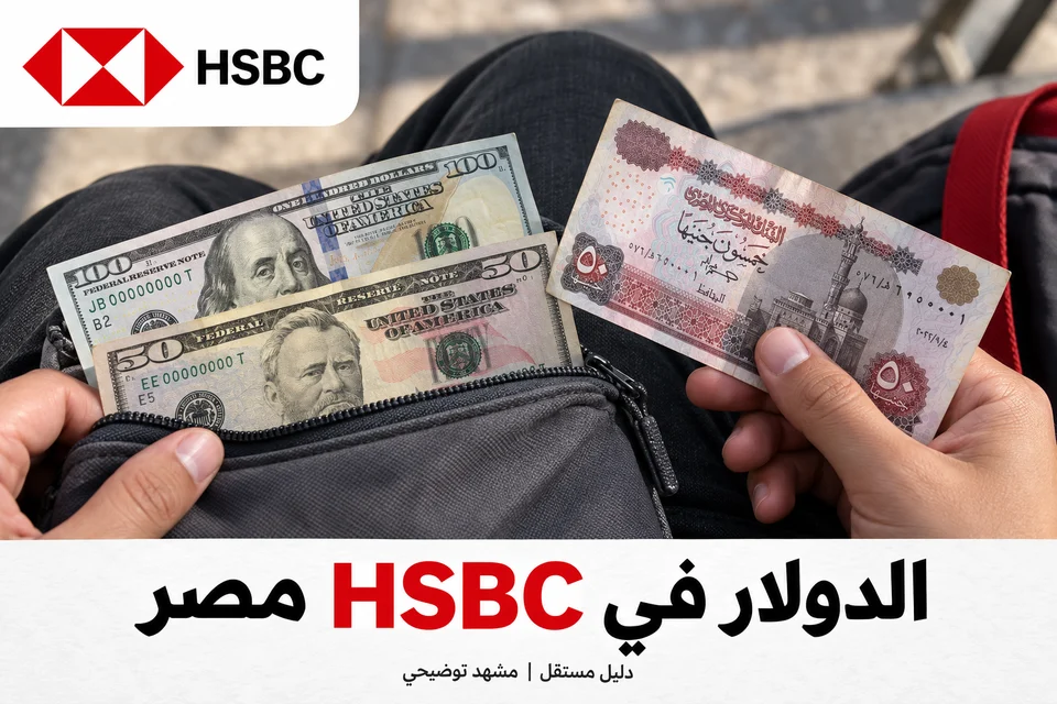 مشهد توضيحي للدولار والجنيه المصري مع شعار HSBC مصر