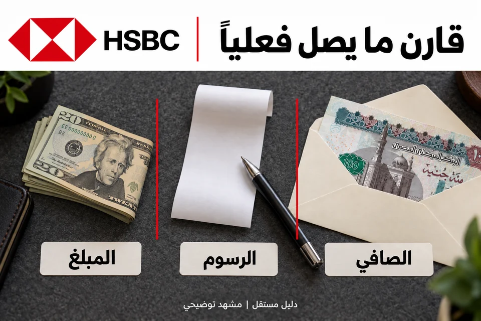 رسم توضيحي لدليل HSBC مصر: توضيح أن المقارنة تكون بصافي ما يصل بعد الرسوم، دون اختراع أرقام أو تعريفة.