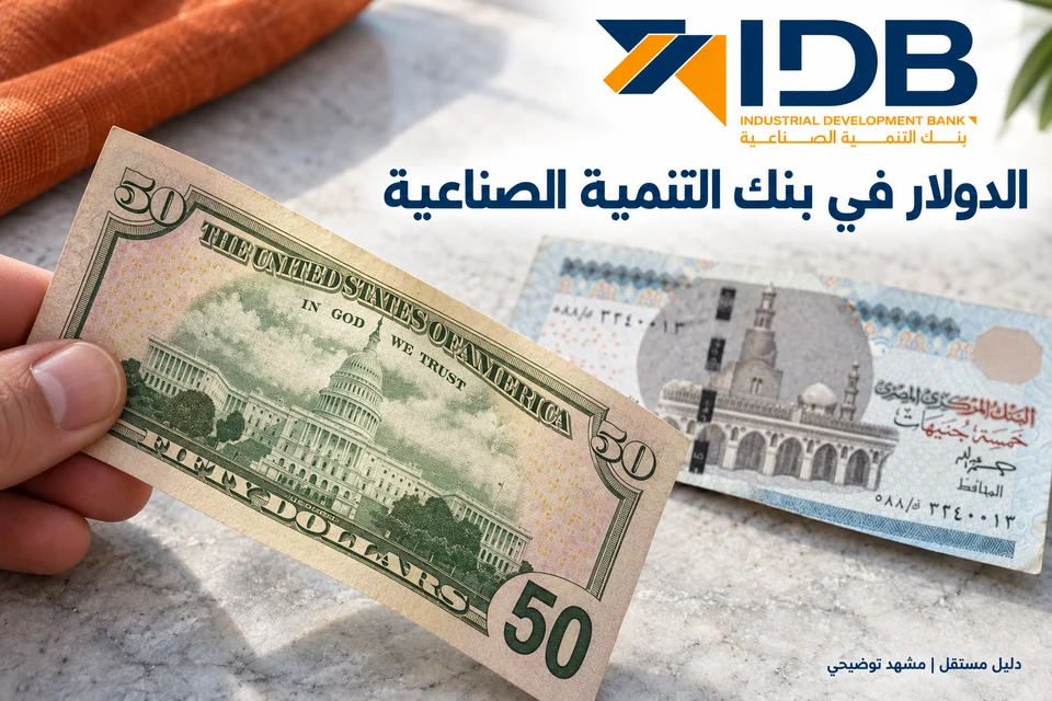 مشهد توضيحي للدولار والجنيه المصري مع هوية بنك التنمية الصناعية IDB