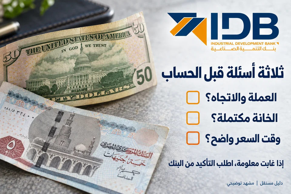 شرح بصري لدليل بنك التنمية الصناعية IDB: تحقق من العملة والاتجاه واكتمال الخانة وتوقيت السعر قبل الحساب.