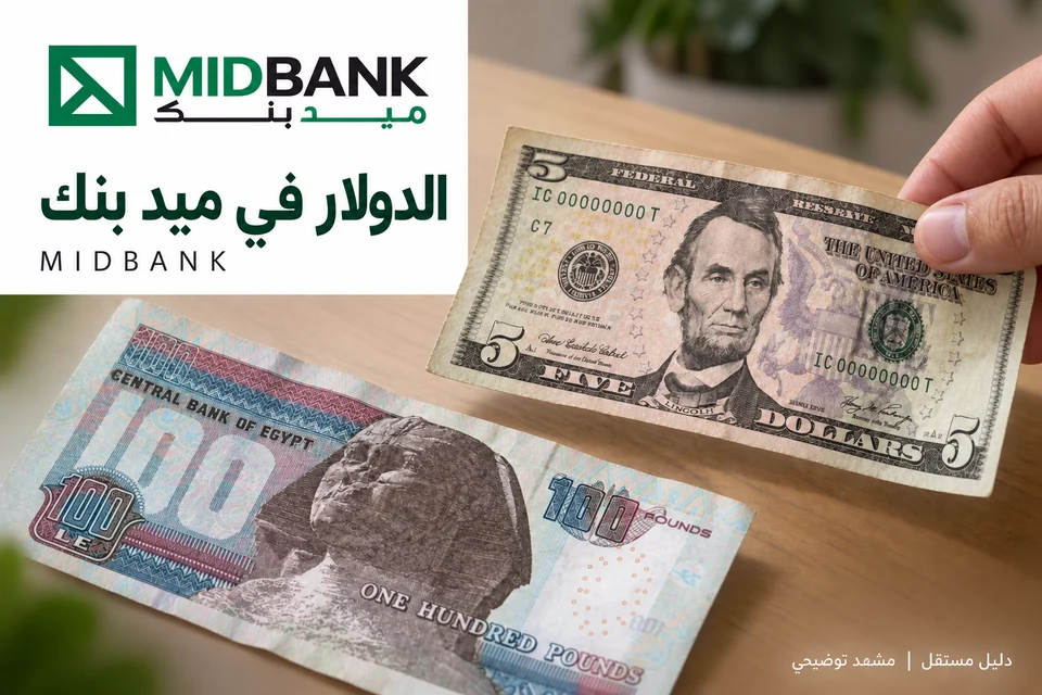 مشهد توضيحي للدولار والجنيه المصري مع هوية ميد بنك MIDBANK