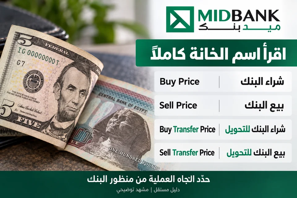شرح بصري لدليل ميد بنك MIDBANK: قراءة Buy وSell مع تمييز خانات Transfer، من منظور البنك.