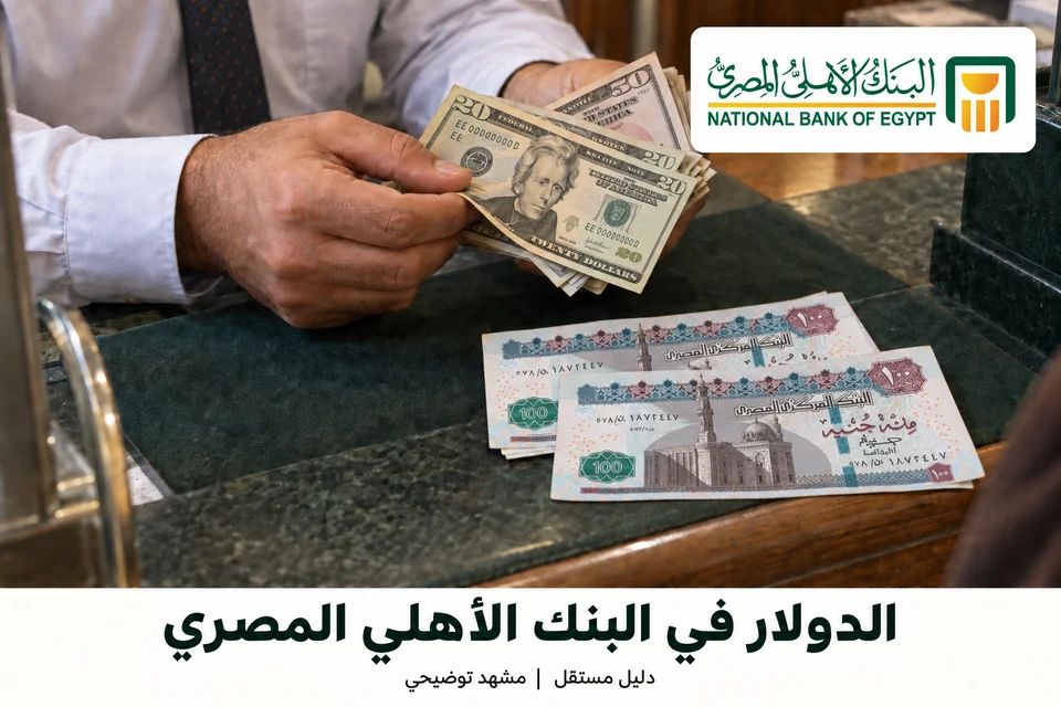 الدولار والجنيه المصري مع هوية البنك الأهلي المصري — مشهد توضيحي مولّد