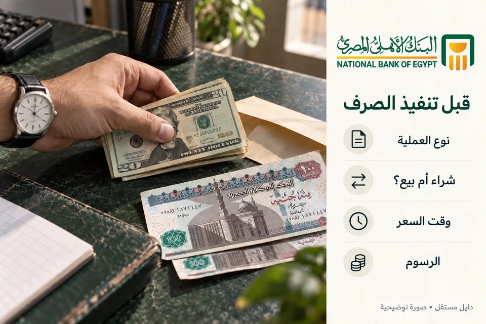 نقد بالدولار والجنيه مع نقاط التحقق قبل الصرف وشعار البنك الأهلي المصري — صورة توضيحية