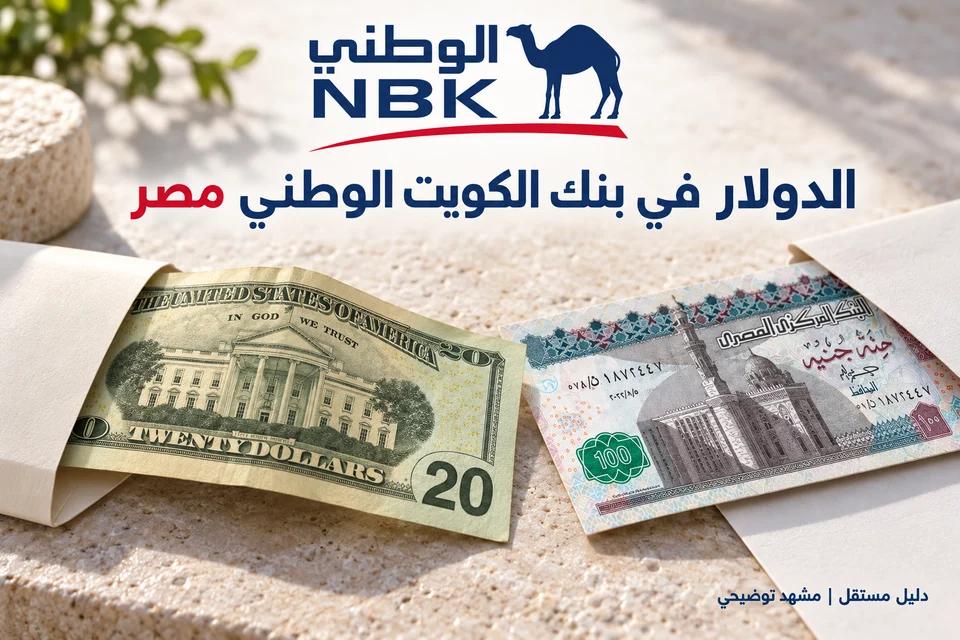 مشهد توضيحي بالدولار والجنيه المصري مع هوية بنك الكويت الوطني مصر