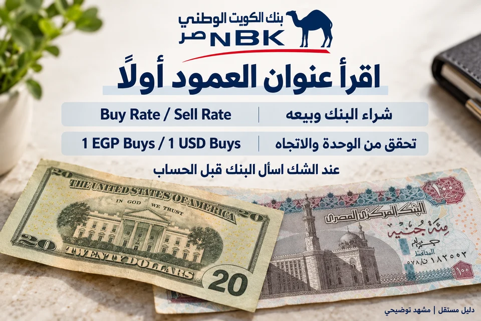 شرح بصري لدليل بنك الكويت الوطني مصر: قراءة عنوان العمود ووحدته واتجاهه قبل استخدام الرقم في حساب التحويل.