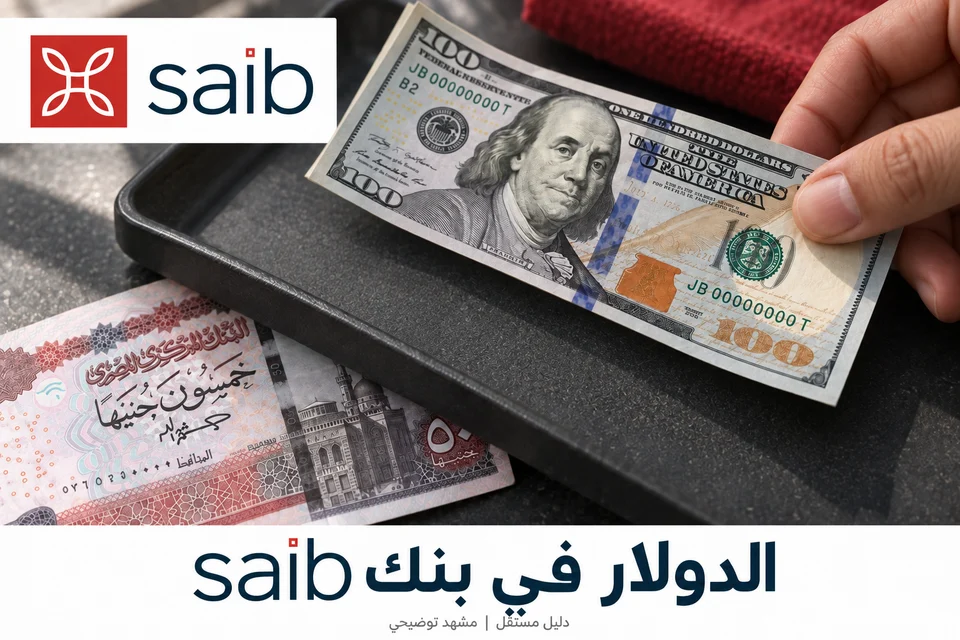 مشهد توضيحي للدولار والجنيه المصري مع هوية بنك saib