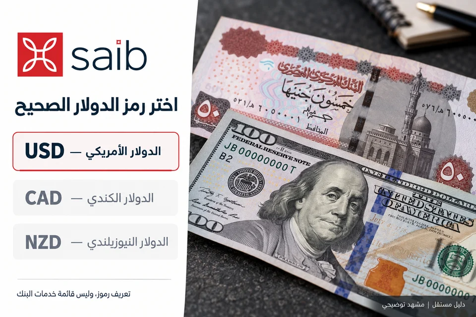 شرح بصري لدليل بنك saib: تمييز USD، الدولار الأمريكي، عن CAD وNZD قبل قراءة صف العملة.