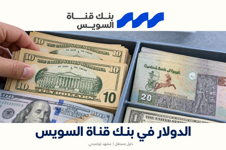 مشهد توضيحي للدولار والجنيه المصري مع هوية بنك قناة السويس