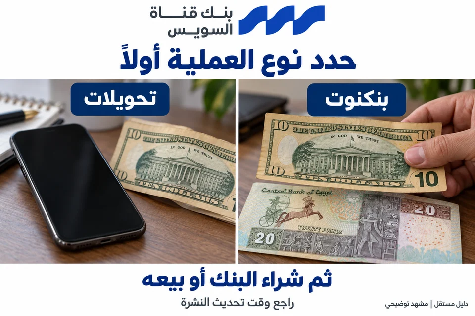 شرح بصري لدليل بنك قناة السويس: اختيار البنكنوت أو التحويلات، ثم قراءة شراء البنك أو بيعه وتاريخ النشرة.