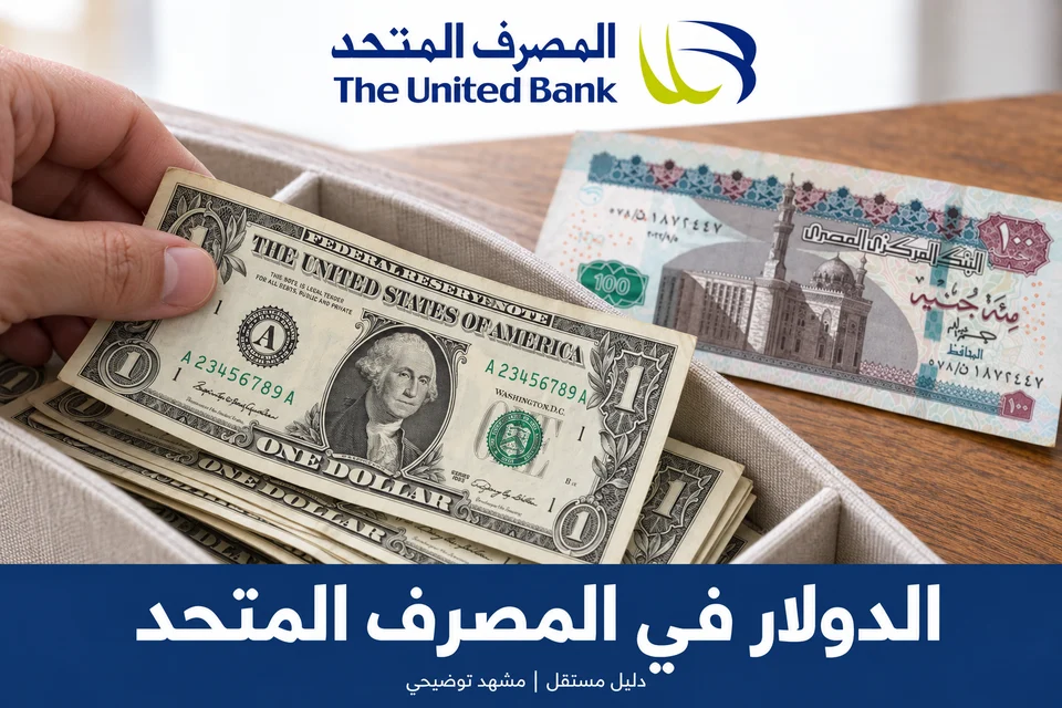 مشهد توضيحي للدولار والجنيه المصري مع هوية المصرف المتحد