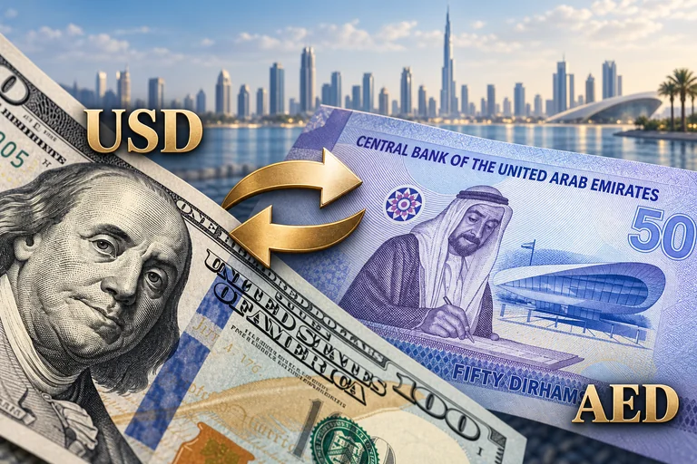 الدولار الأمريكي وورقة الخمسين درهمًا الإماراتية وسهما التبادل مع أفق دبي — رسم مالي توضيحي