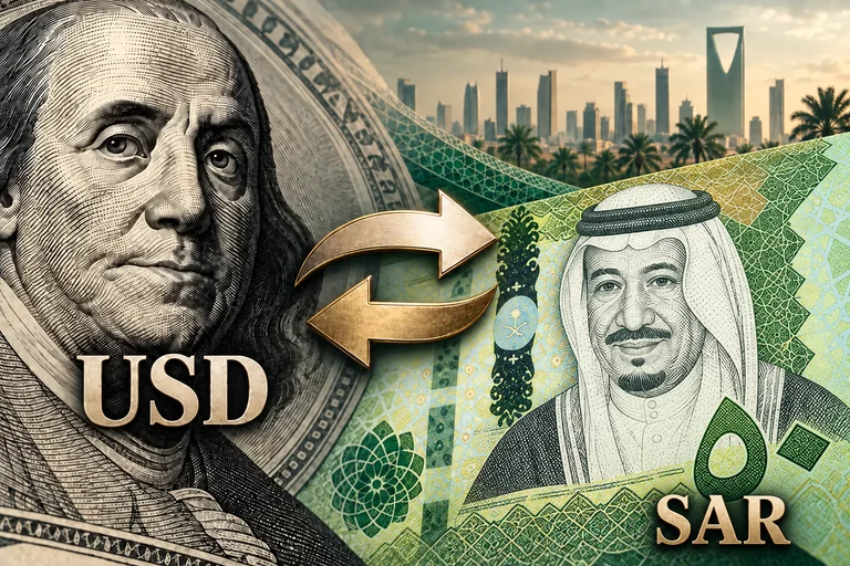 الدولار الأمريكي وورقة الريال السعودي فئة ٥٠ ريال وسهما التبادل مع الرياض في الخلفية — رسم مالي توضيحي