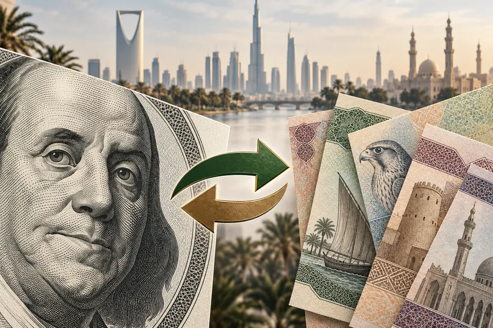 رسم توضيحي لتبادل الدولار والعملات العربية مع سهمين متعاكسين ومعالم مدن عربية