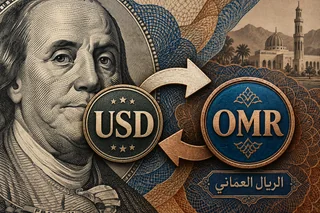 الدولار والريال العماني مع سهمي التبادل — رسم مالي رمزي