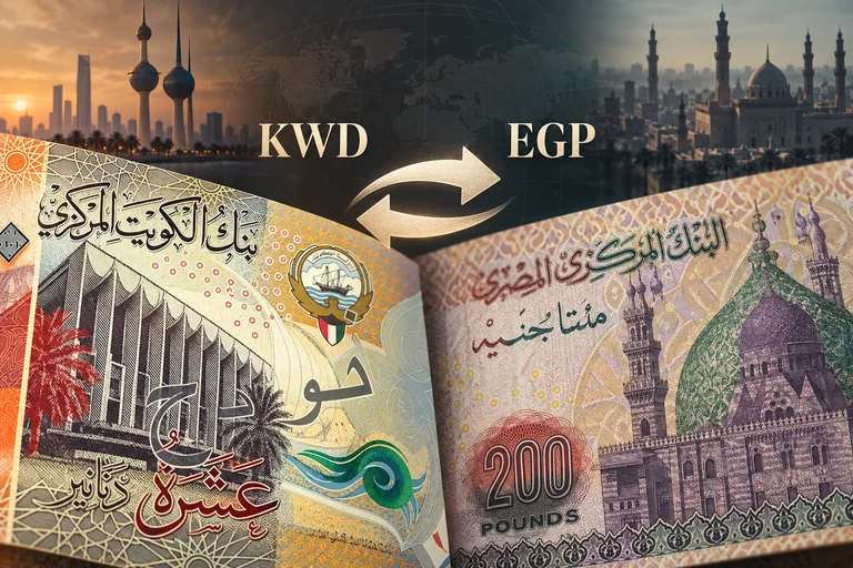 تفاصيل أوراق الدينار الكويتي والجنيه المصري مع سهمي تبادل متعاكسين — تركيب مالي توضيحي