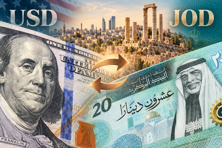 تفاصيل أوراق الدولار الأمريكي والدينار الأردني مع سهمي تبادل متعاكسين — تركيب مالي توضيحي
