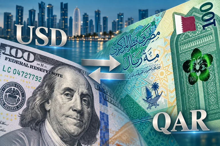 تفاصيل أوراق الدولار الأمريكي والريال القطري مع سهمي تبادل متعاكسين — تركيب مالي توضيحي
