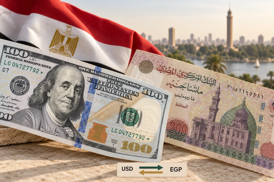 الدولار الأمريكي والجنيه المصري مع سهمي التبادل، وعلم مصر والقاهرة في الخلفية