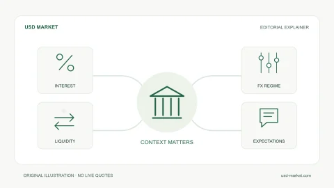 أربع أدوات للسياسة النقدية تحيط بدائرة تمثل ظروف سوق الصرف، دون سهم اتجاه مضمون.